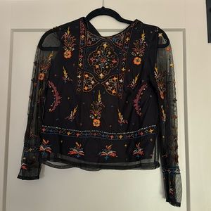 Zara Embroidered Black Top Made in India Sheer Sleeves Size Small